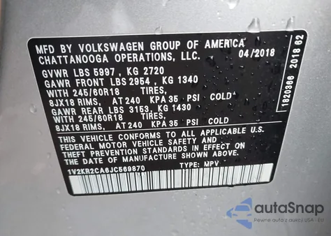 2018 Volkswagen Atlas 3.6L V6 Se from USA, damaged, VIN 1V2KR2CA6JC569870